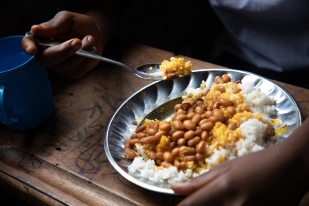 School meal in Congo, rice and beans 